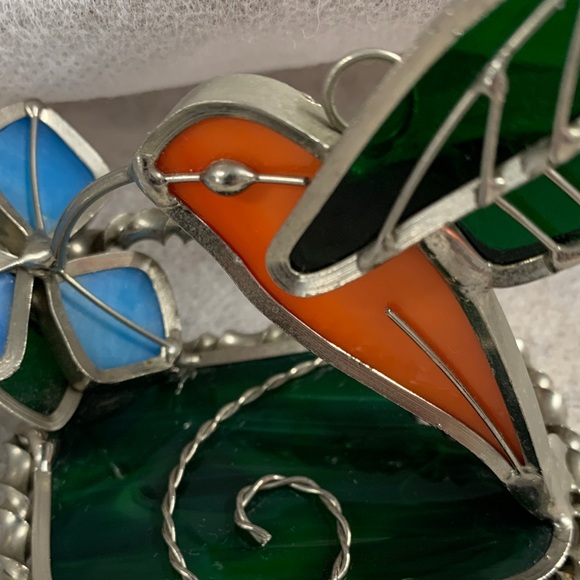 Vintage Stained Glass Hummingbird Figurine Suncatcher Metal With Orange/Green - Picture 2 of 12